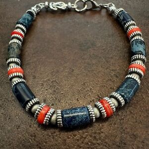 Artisan Blue Sodalite and Orange Coral Beaded Bracelet